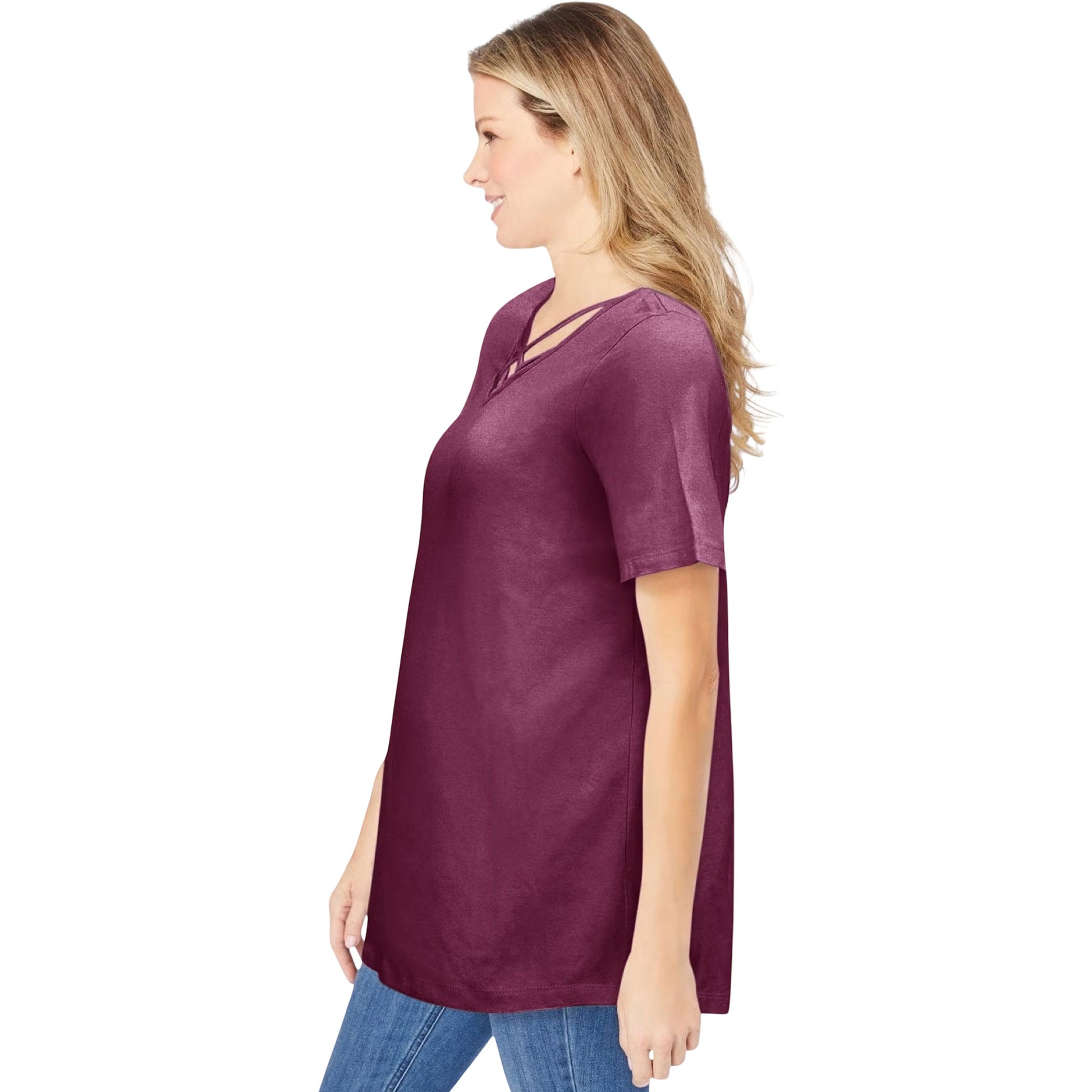 Woman wearing Deep Claret criss cross v-neck tee with relaxed fit