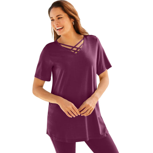 Woman wearing Deep Claret criss cross v-neck tee with relaxed fit