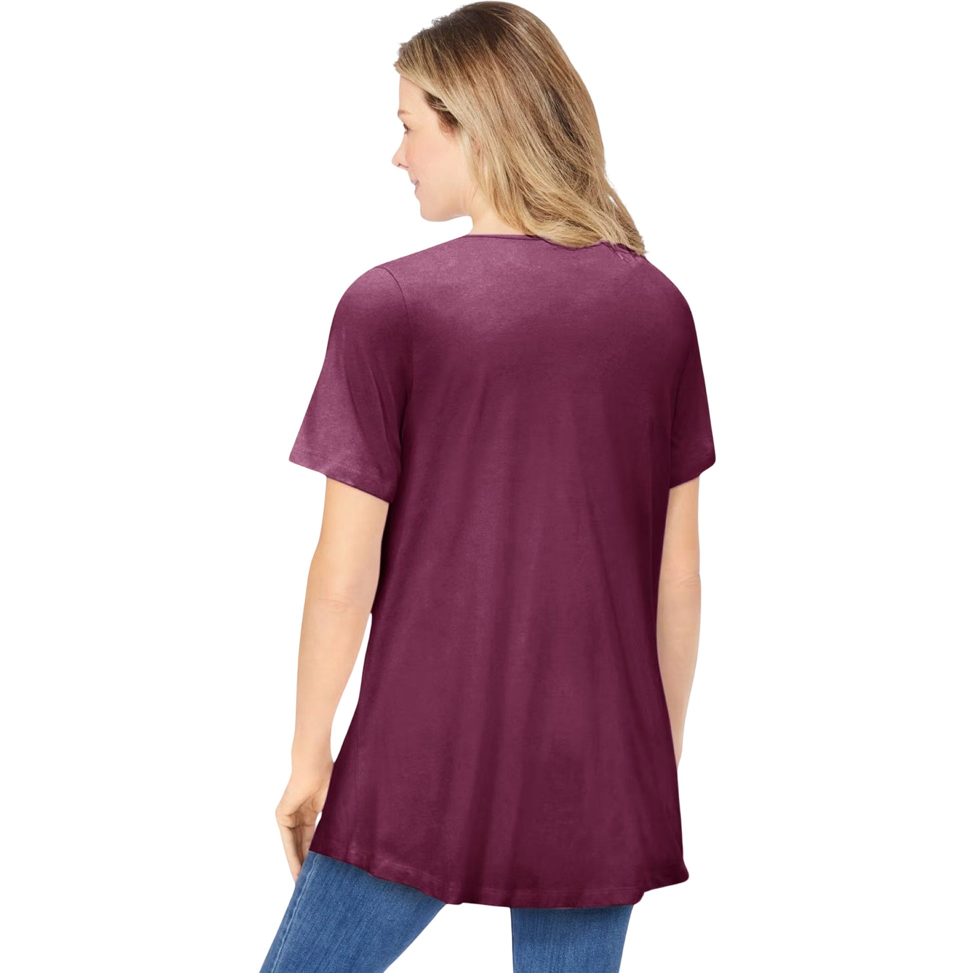 Woman wearing Deep Claret criss cross v-neck tee with relaxed fit