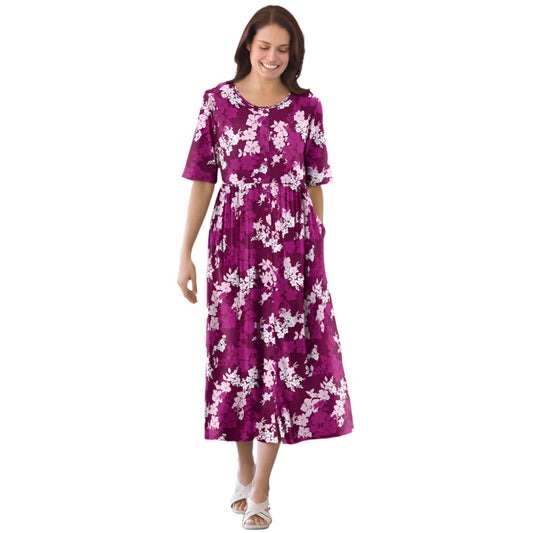 Deep Claret Graphic Bloom Button-Front Dress – Floral Knit Mid-Calf Dress