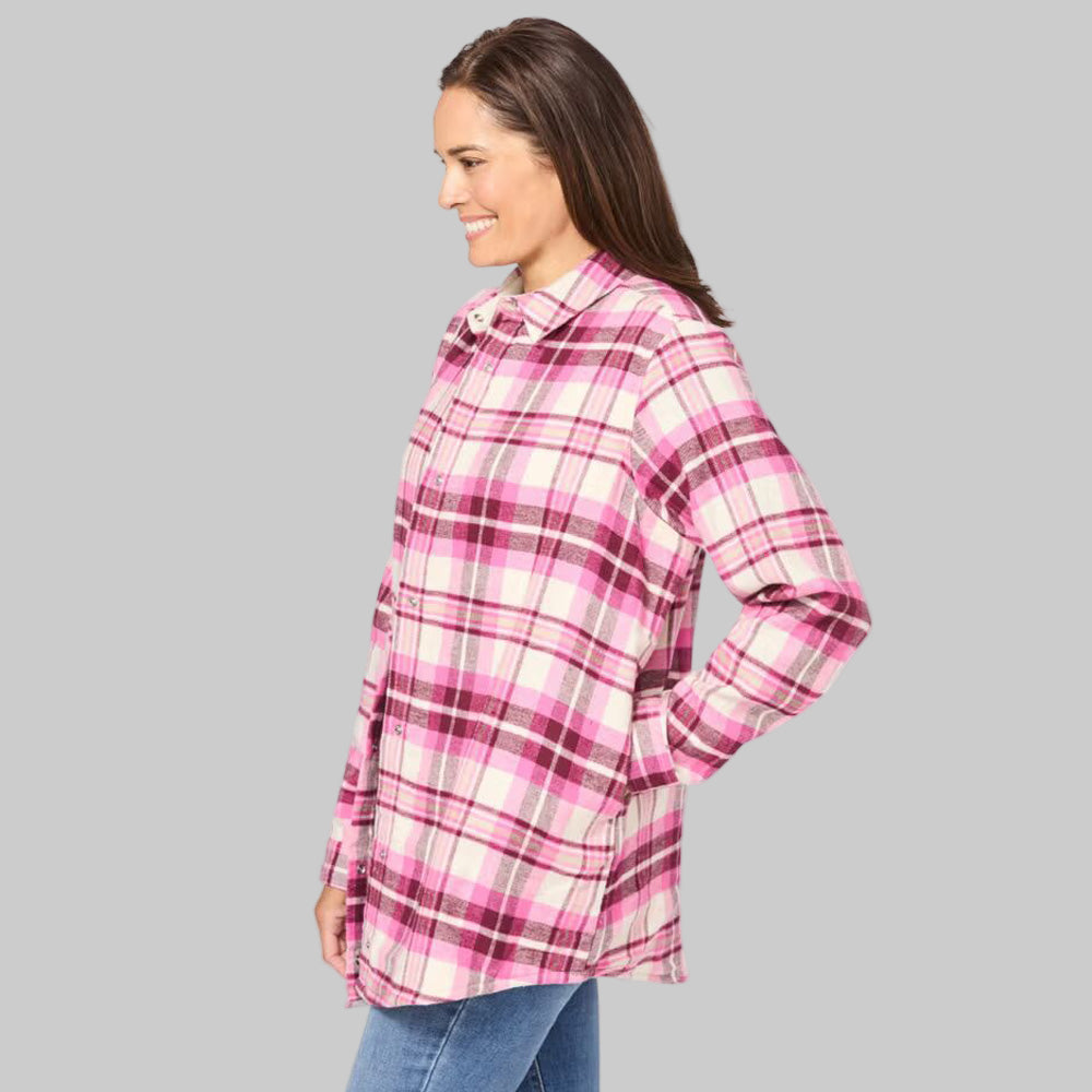 Plus-size woman wearing a deep claret and ivory plaid fleece-lined flannel snap-front shirt with long sleeves and relaxed fit on white background.