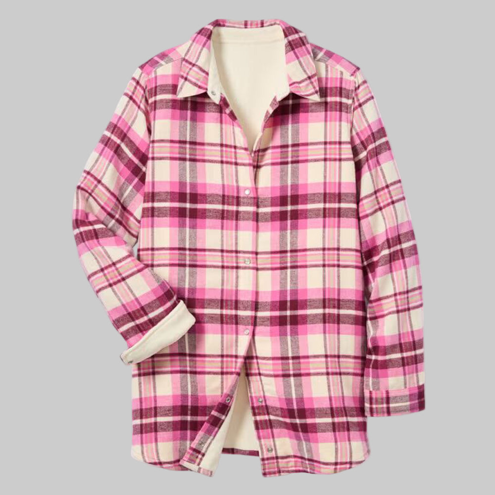 Plus-size woman wearing a deep claret and ivory plaid fleece-lined flannel snap-front shirt with long sleeves and relaxed fit on white background.