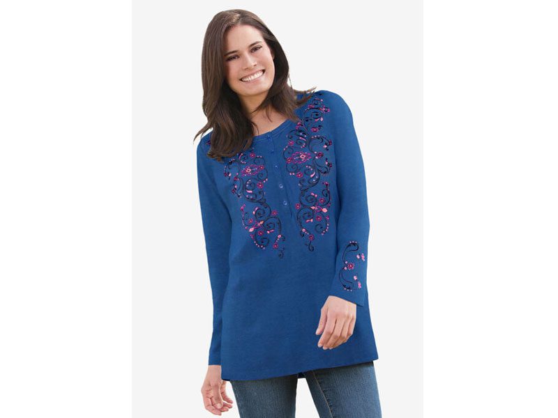 Deep Cobalt Scroll Embroidered Henley Top PSW-6905