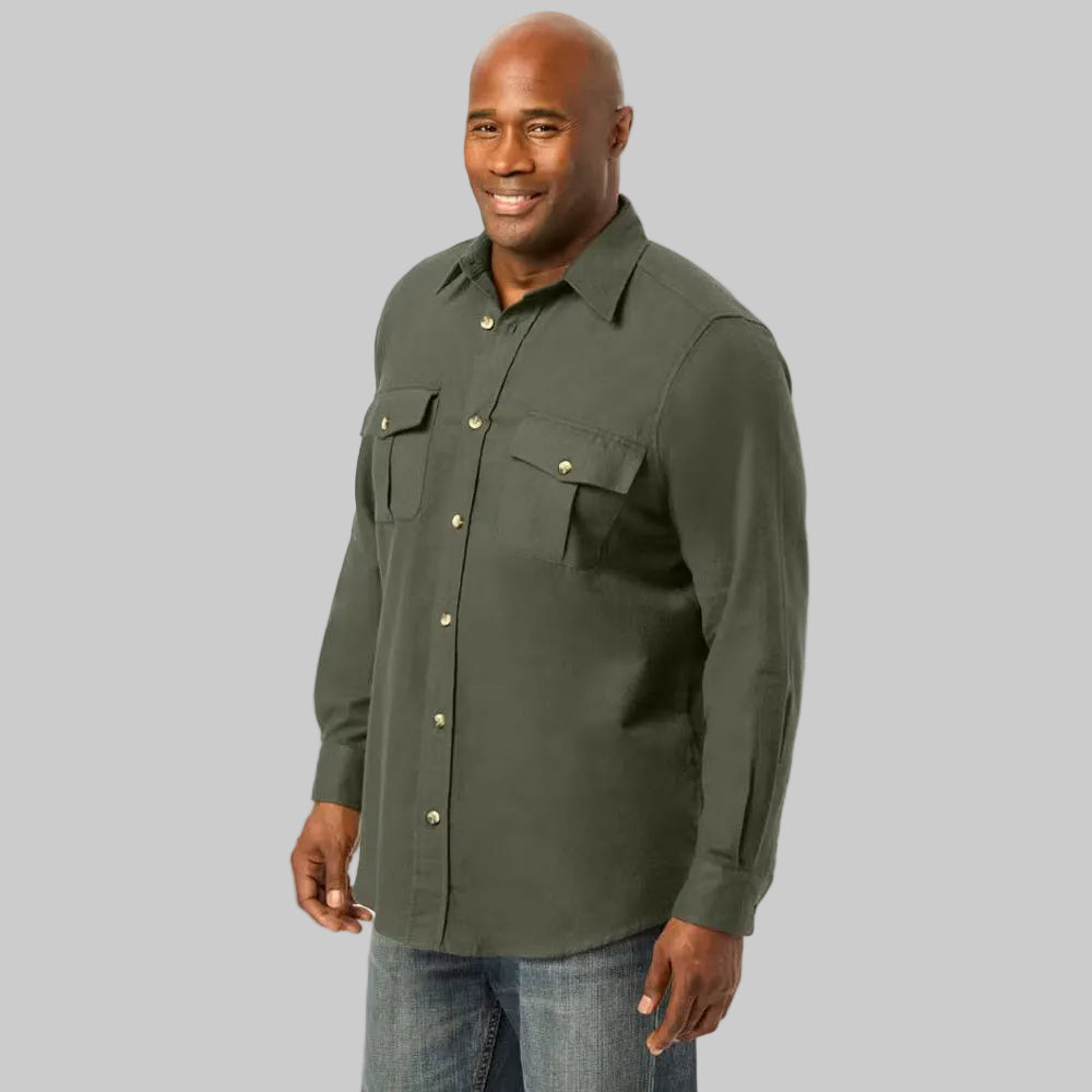 Flat-lay of Deep Olive Flannel Shirt on neutral background