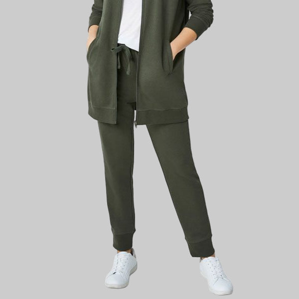 Deep Olive French Terry Sweatpants with elastic waistband, drawstring, and ribbed cuffs — soft ankle-length plus size joggers for women.