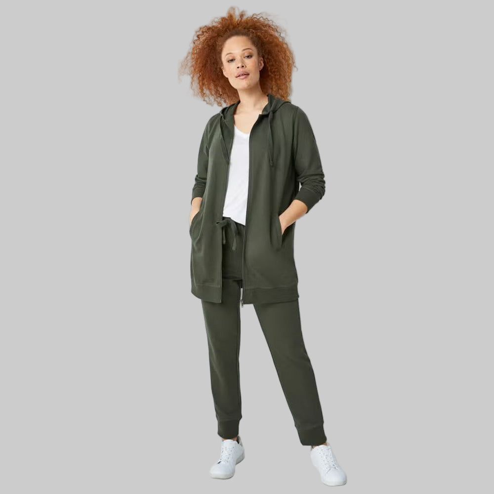 Deep Olive French Terry Sweatpants with elastic waistband, drawstring, and ribbed cuffs — soft ankle-length plus size joggers for women.