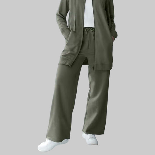 Deep Olive Wide-Leg French Terry Sweatpants with elastic drawstring waist and front pockets — soft, full-length plus size lounge pants for women.