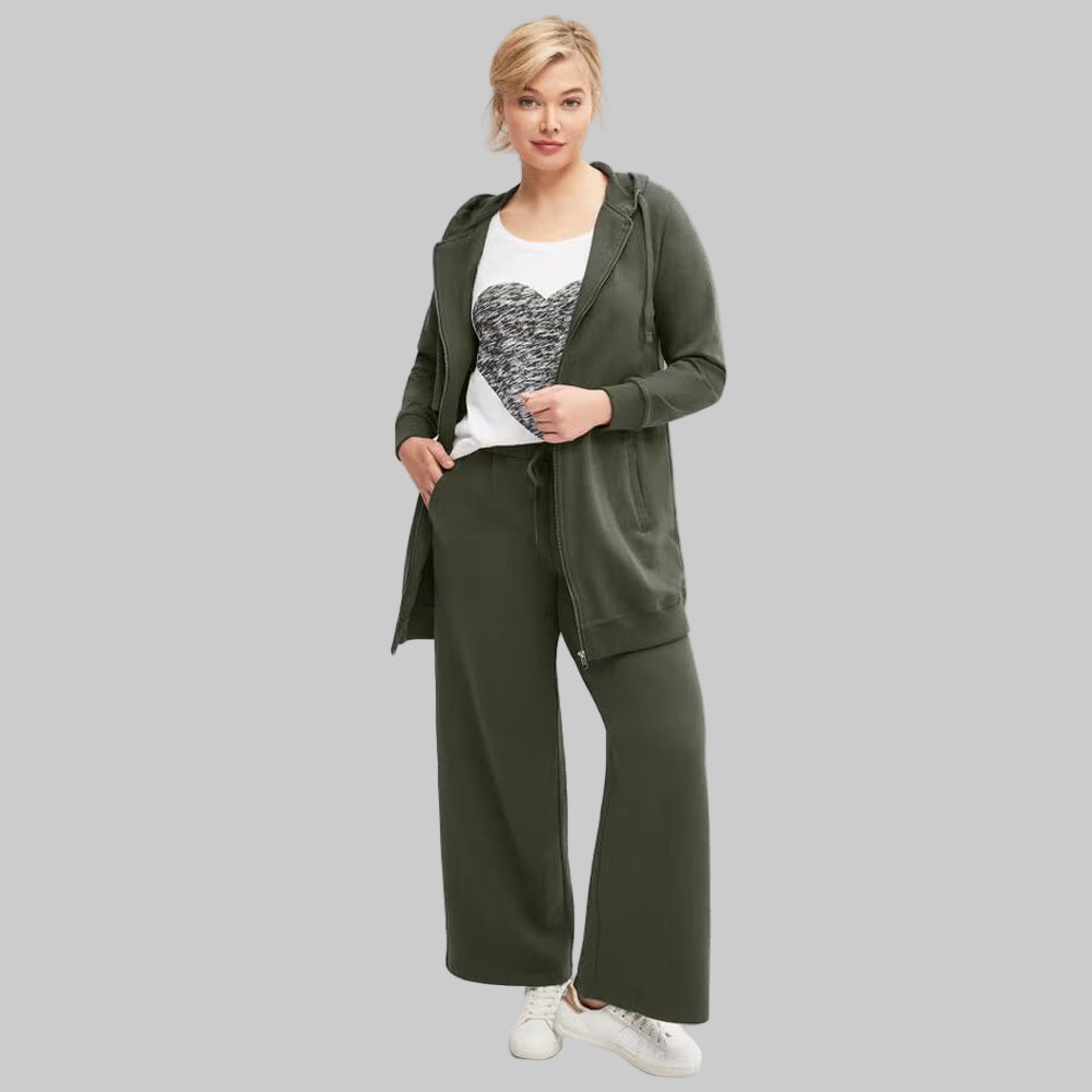 Deep Olive Wide-Leg French Terry Sweatpants with elastic drawstring waist and front pockets — soft, full-length plus size lounge pants for women.