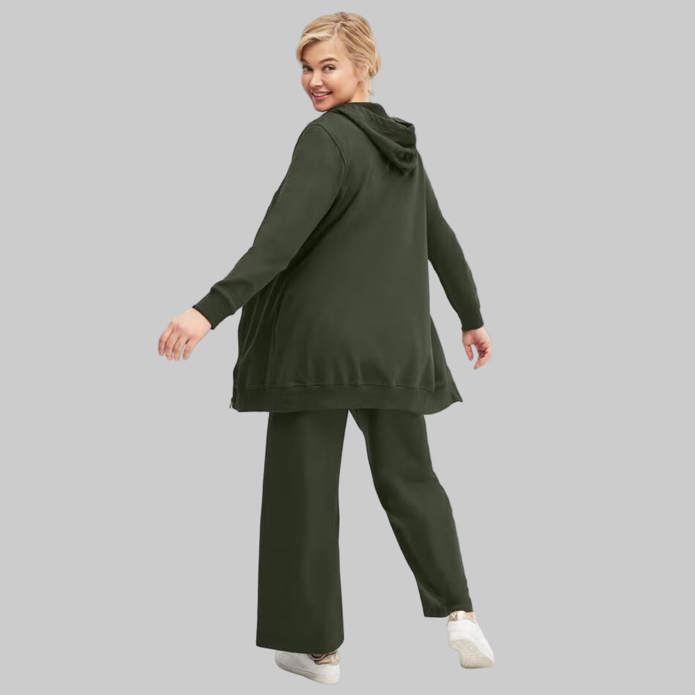 Deep Olive Wide-Leg French Terry Sweatpants with elastic drawstring waist and front pockets — soft, full-length plus size lounge pants for women.