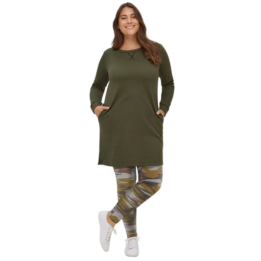 Flat-lay of Deep Olive French Terry Tunic Dress on neutral background