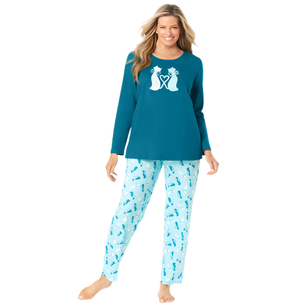 Deep Teal long sleeve knit pajama set featuring a crewneck top and drawstring pants, designed for soft, breathable comfort and relaxed plus-size fit.
