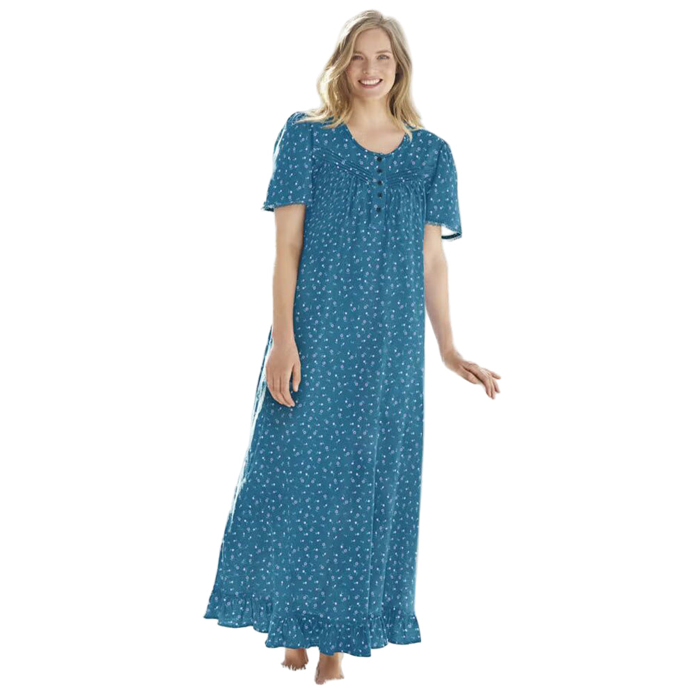 Women’s deep teal ditsy floral long cotton gown with flutter sleeves, ruffled hem, pintucks, and flower-shaped buttons, made from soft breathable cotton.