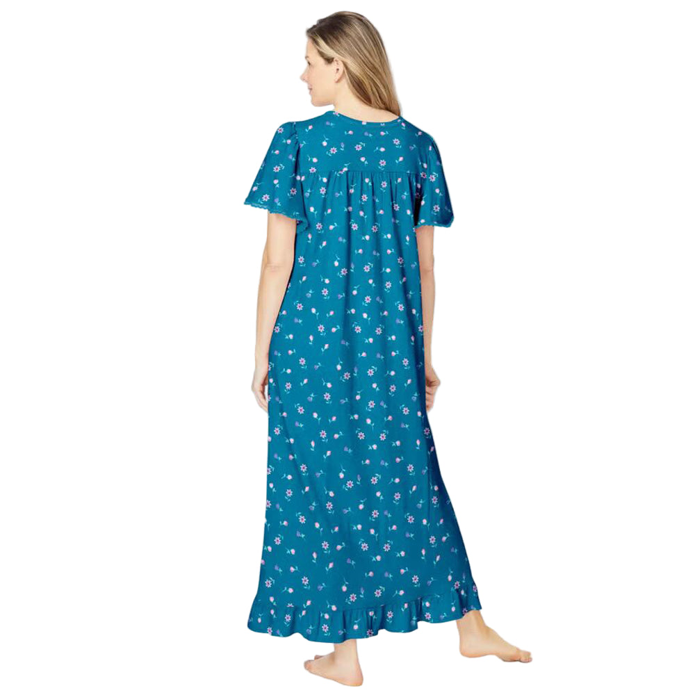 Women’s deep teal ditsy floral long cotton gown with flutter sleeves, ruffled hem, pintucks, and flower-shaped buttons, made from soft breathable cotton.