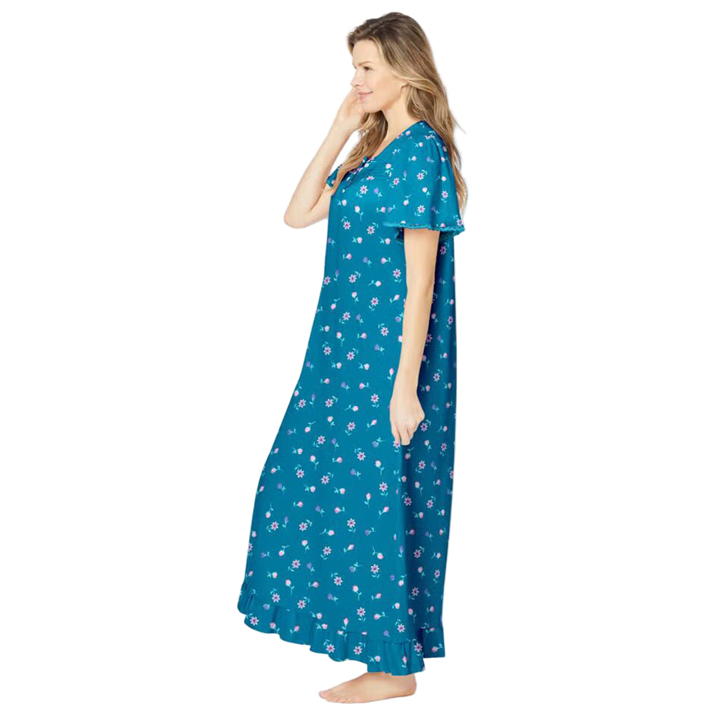 Women’s deep teal ditsy floral long cotton gown with flutter sleeves, ruffled hem, pintucks, and flower-shaped buttons, made from soft breathable cotton.