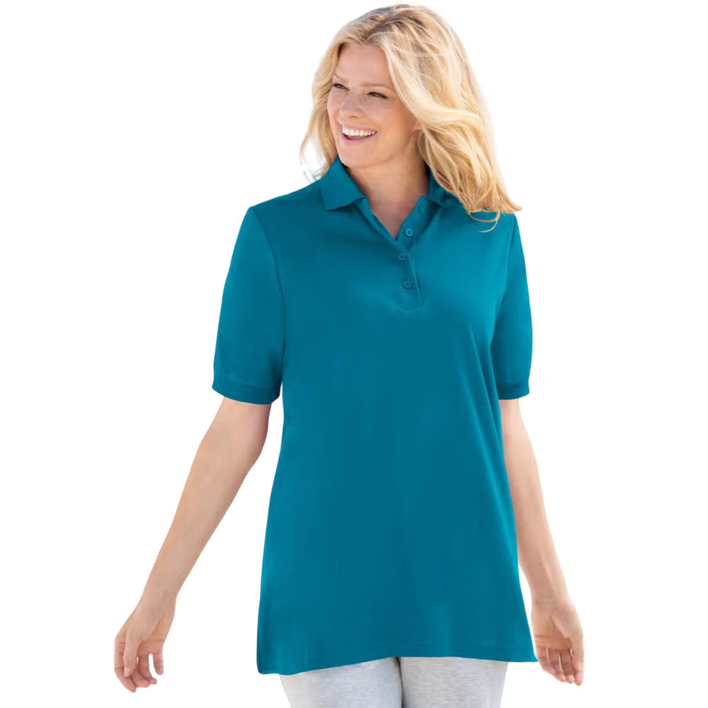 Deep Teal Elbow-Sleeve Polo Tunic – Cotton Blend Relaxed Fit Shirt for Women