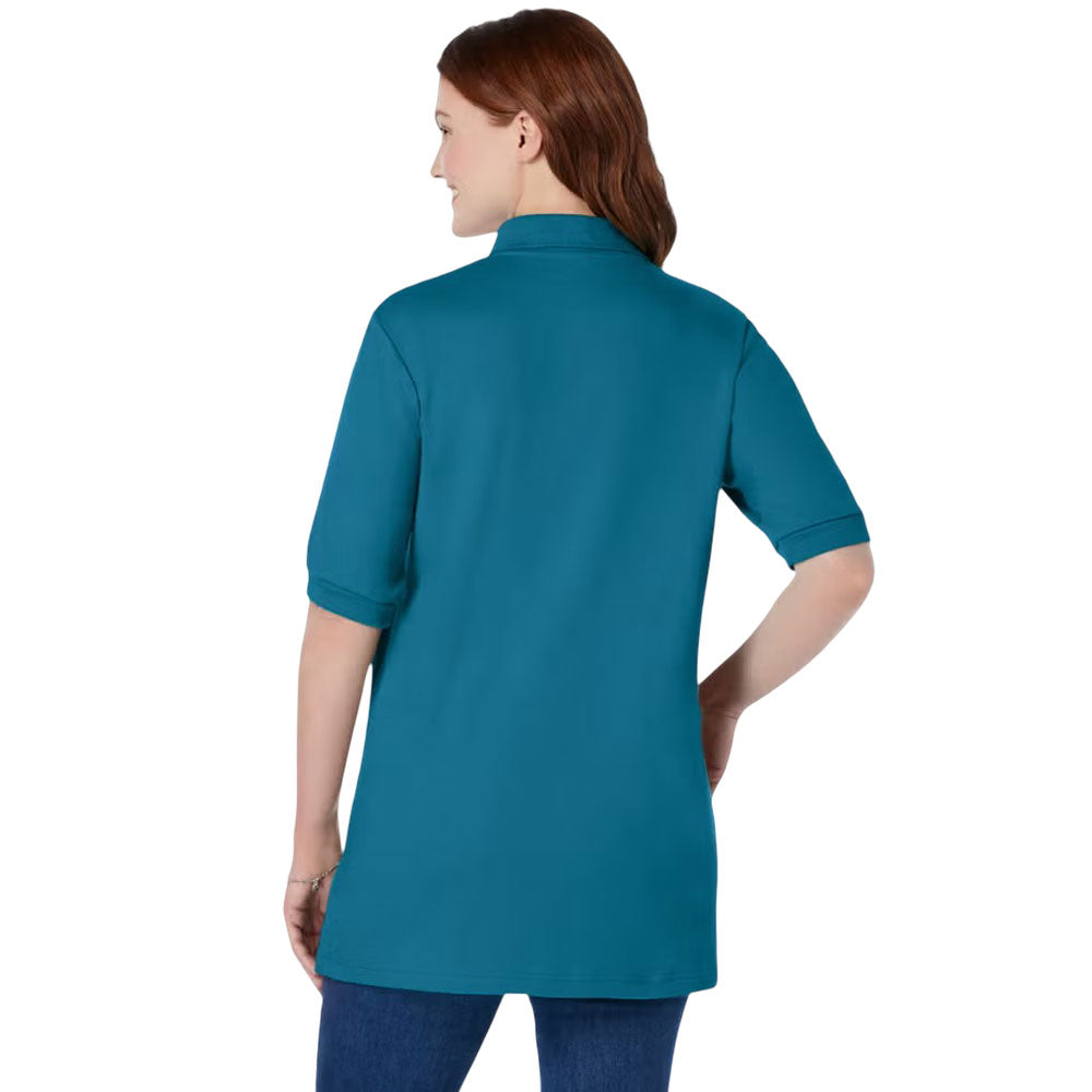 Deep Teal Elbow-Sleeve Polo Tunic – Cotton Blend Relaxed Fit Shirt for Women