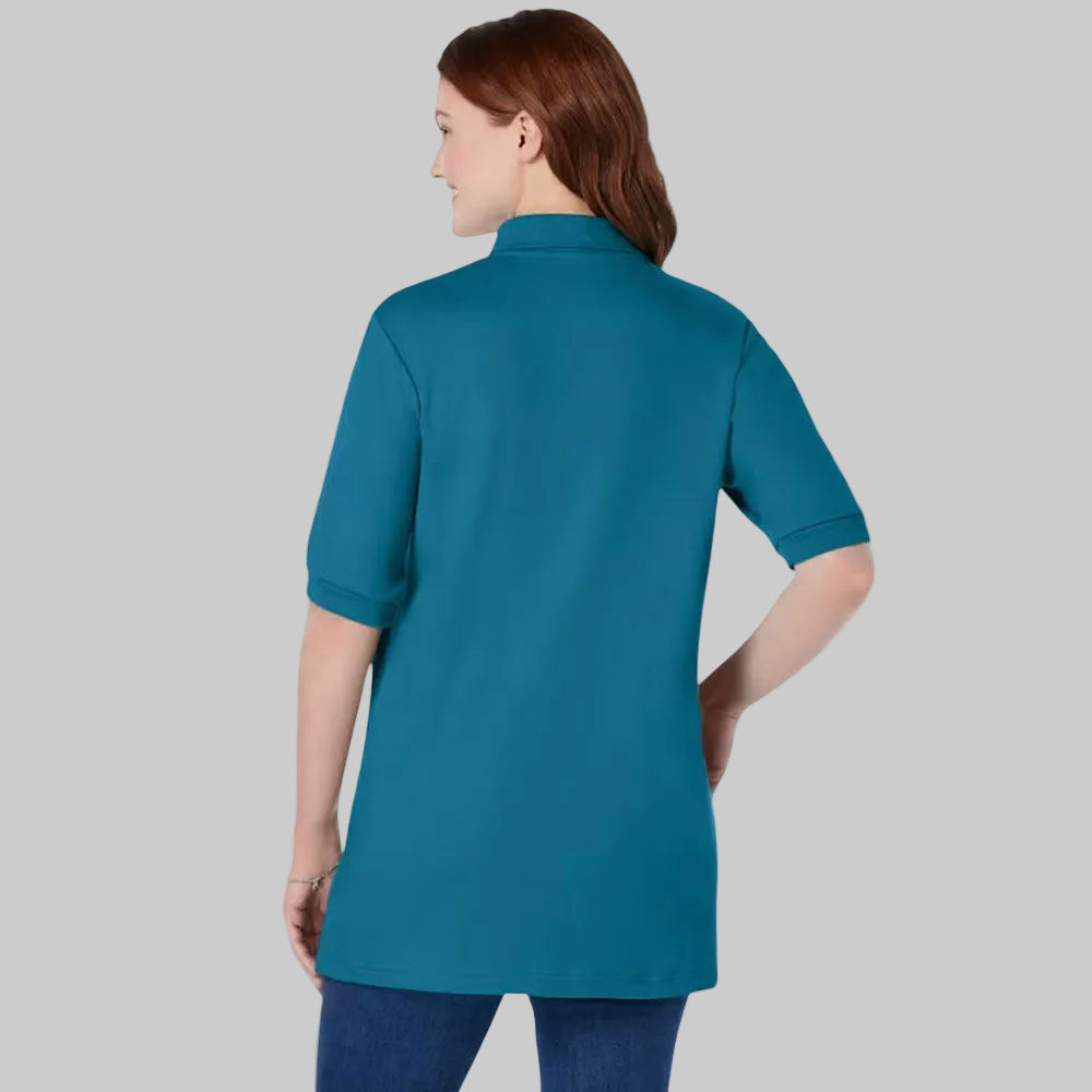 Deep Teal Elbow-Sleeve Polo Tunic – Cotton Blend Relaxed Fit Shirt for Women