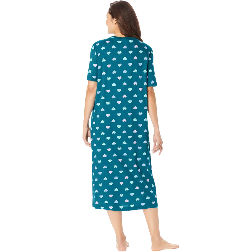 Plus size woman in deep teal long sleepshirt with heart print
