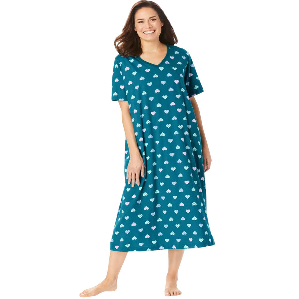 Plus size woman in deep teal long sleepshirt with heart print