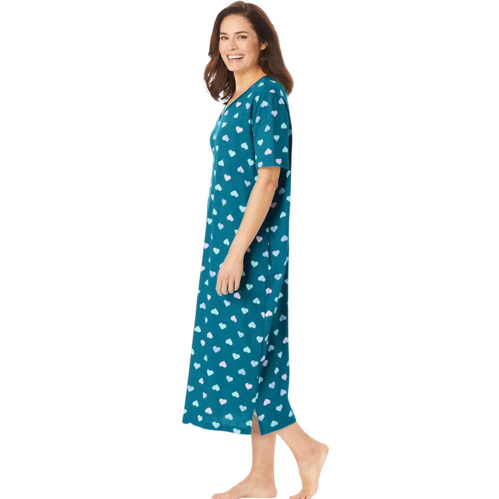 Plus size woman in deep teal long sleepshirt with heart print