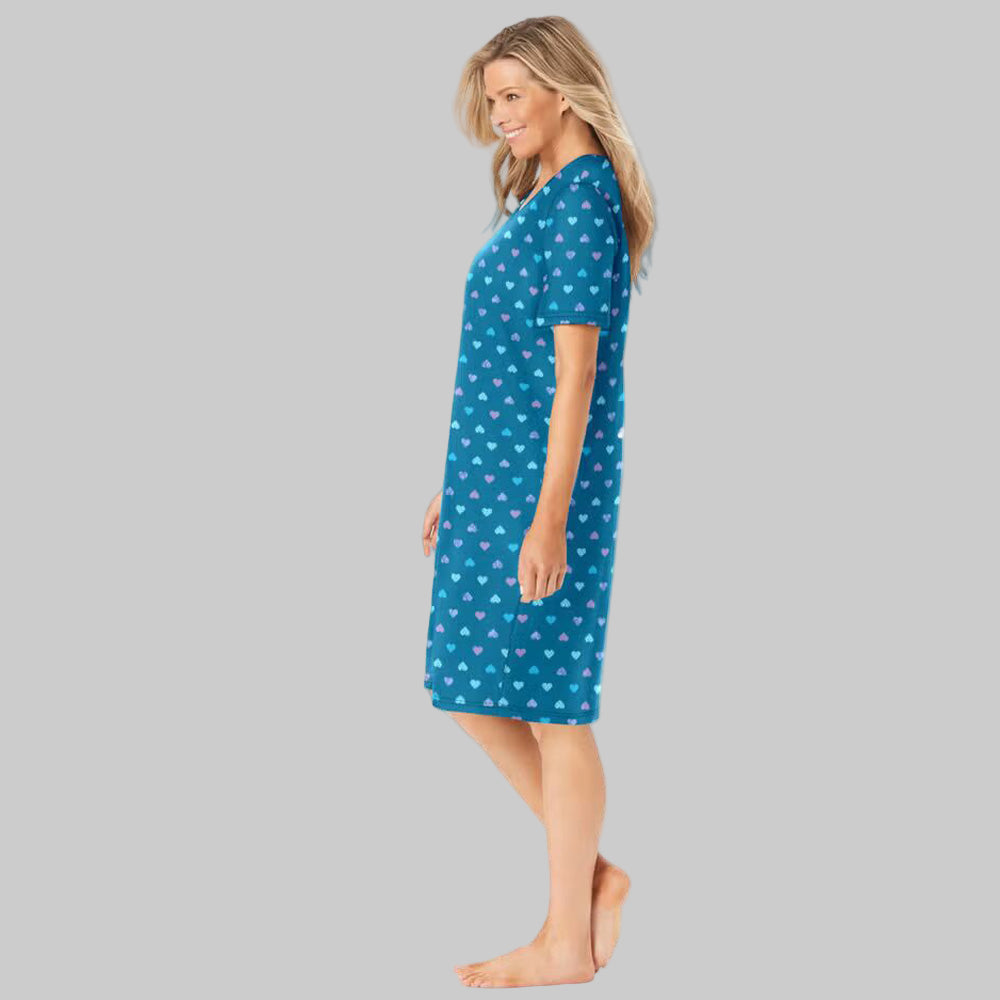 Close-up of teal heart cotton fabric with ribbed V-neck detail