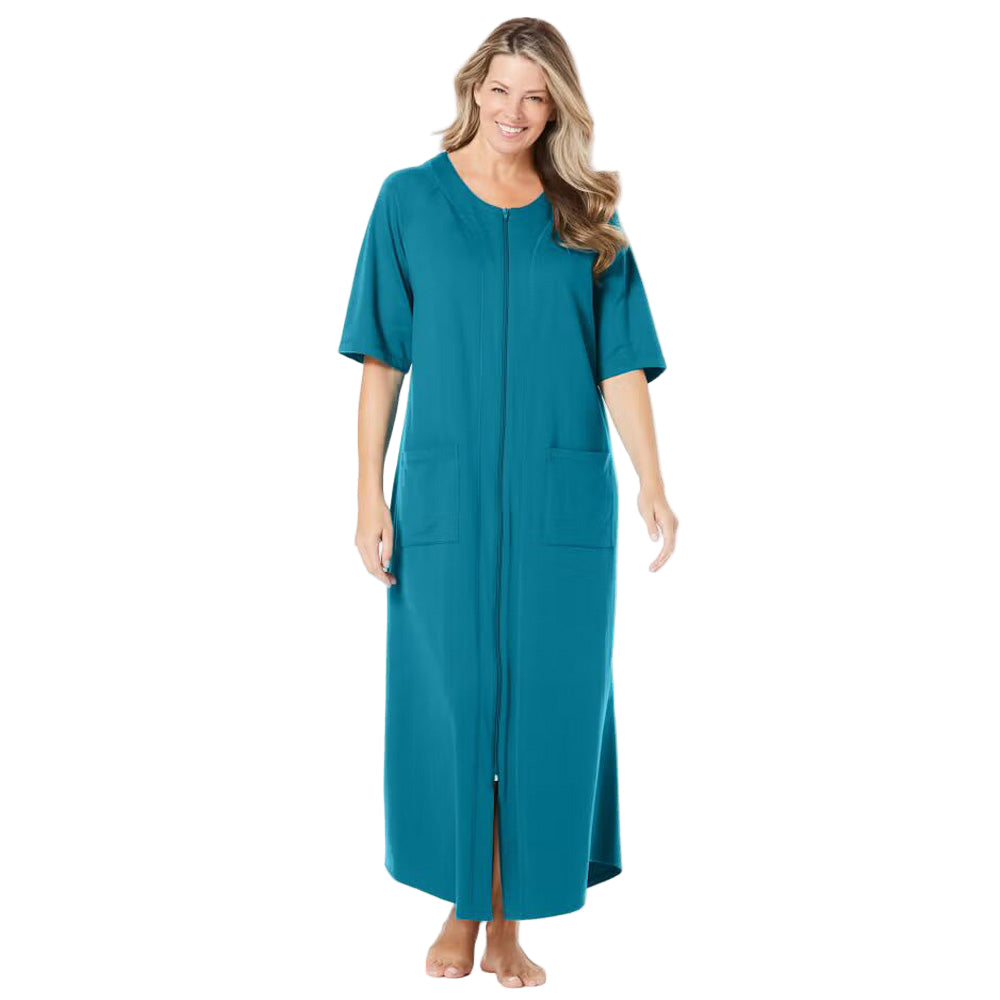 Flat-lay of Deep Teal Zip-Front Robe on neutral background