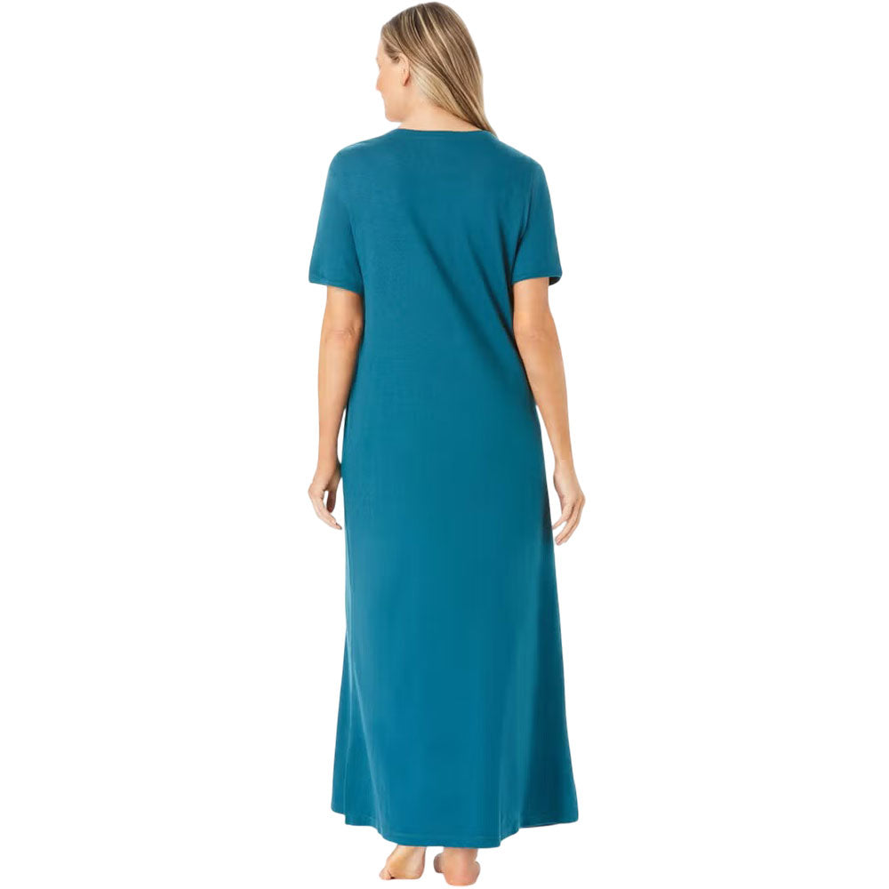 Plus-size woman in a deep teal long T-shirt lounger with short sleeves and relaxed fit
