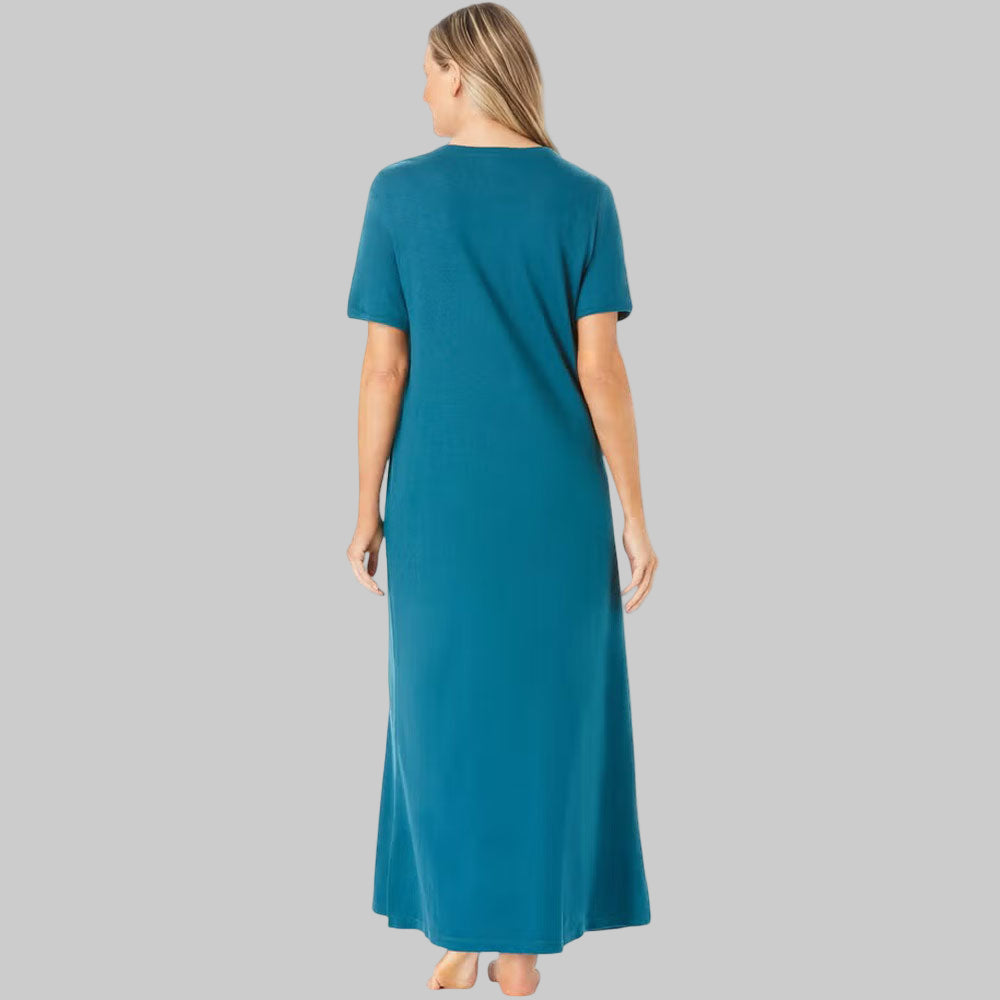 Plus-size woman in a deep teal long T-shirt lounger with short sleeves and relaxed fit