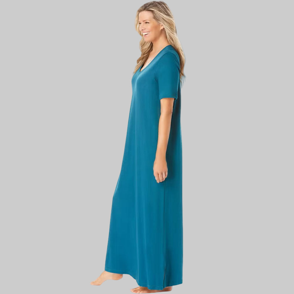 Plus-size woman in a deep teal long T-shirt lounger with short sleeves and relaxed fit