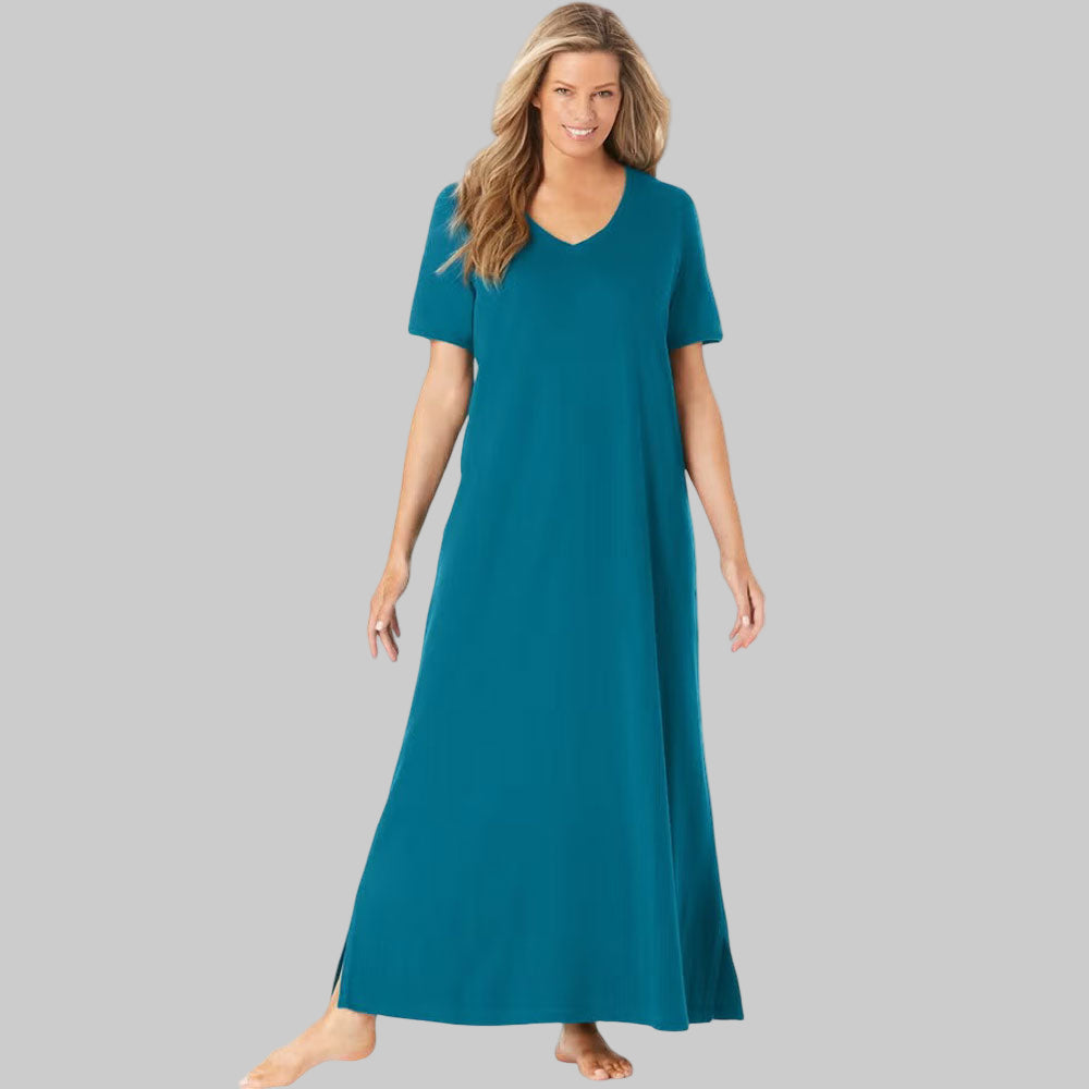 Plus-size woman in a deep teal long T-shirt lounger with short sleeves and relaxed fit