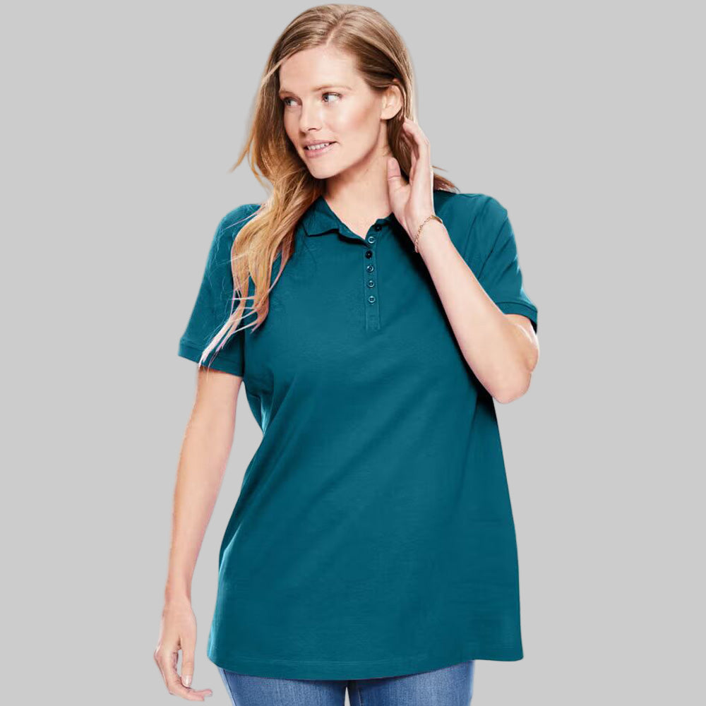 Deep teal plus-size short-sleeve polo shirt with a classic collar, relaxed fit, and 28-inch length made from soft, breathable cotton fabric.