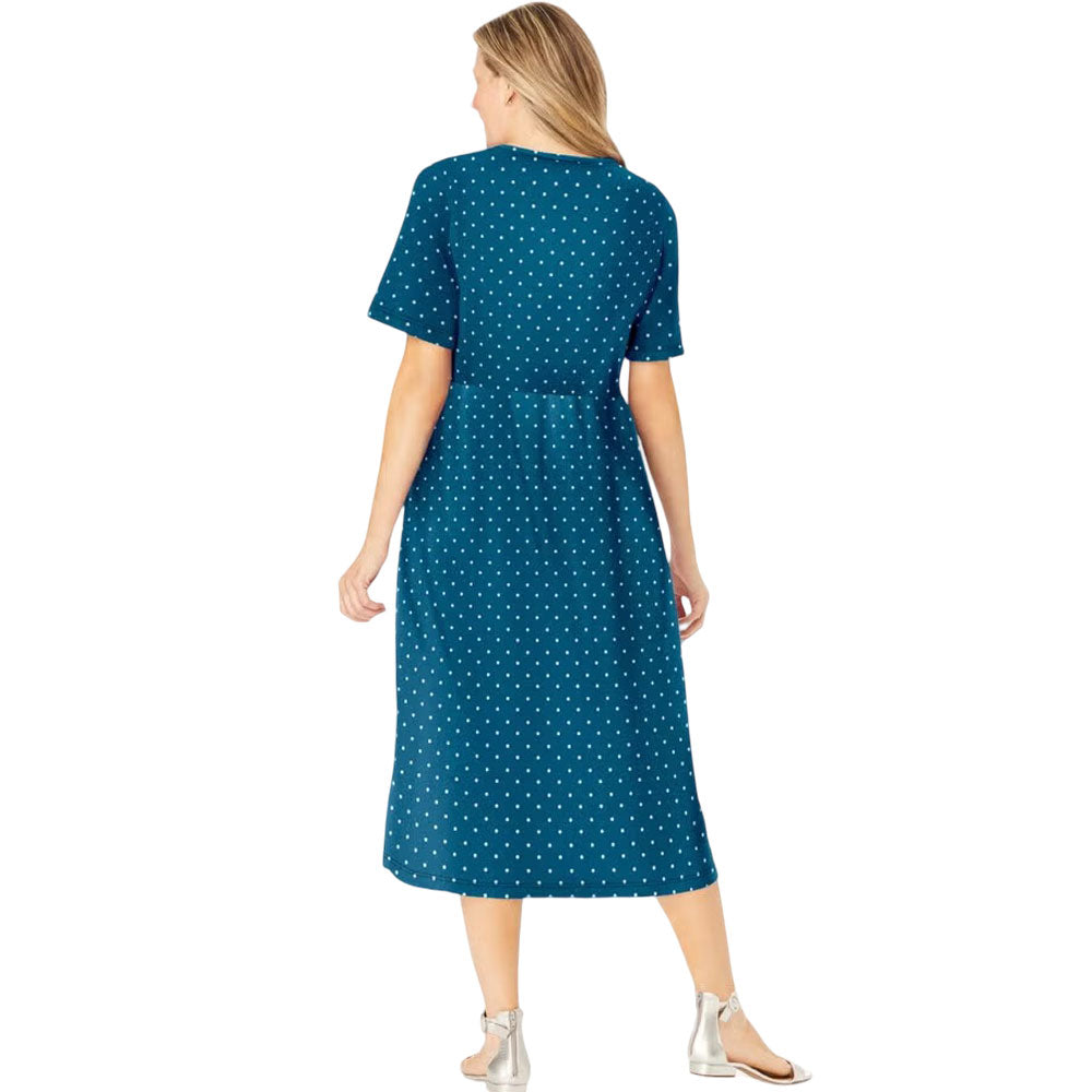 Deep Teal Polka Dot Button-Front Dress – Relaxed Fit with Gathered Waist
