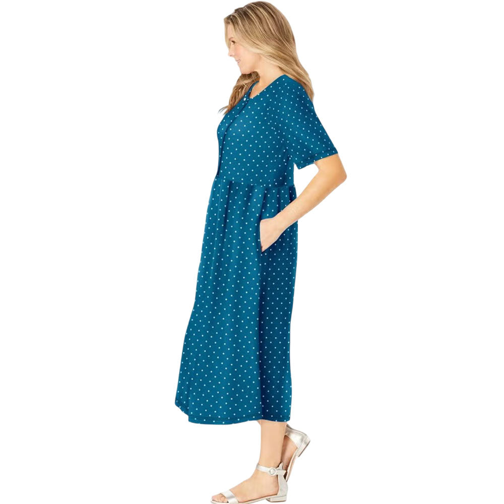 Deep Teal Polka Dot Button-Front Dress – Relaxed Fit with Gathered Waist