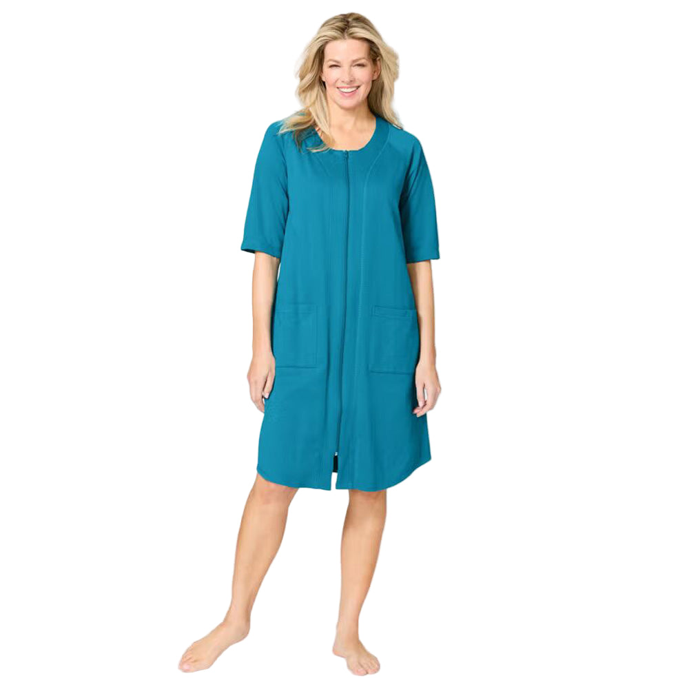 Flat-lay of Deep Teal Short Zip-Front Robe on neutral background