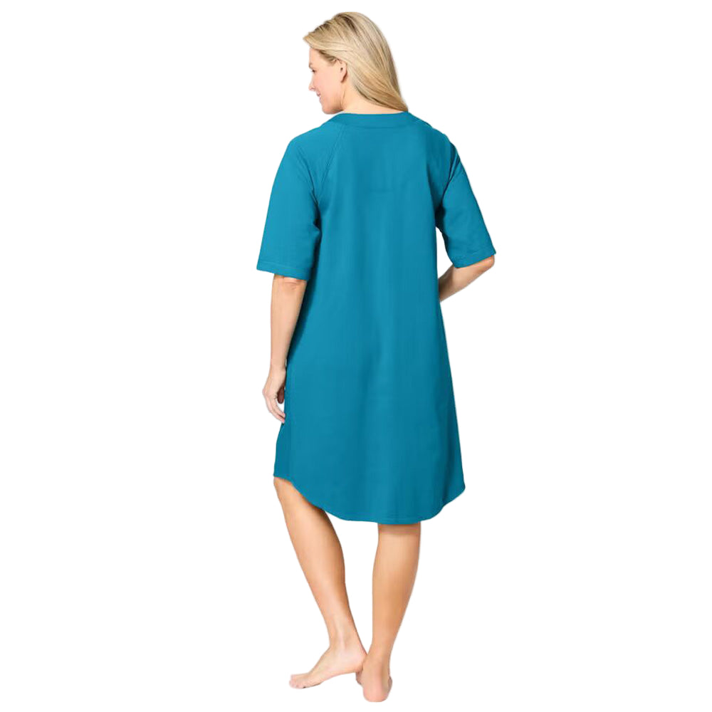 Flat-lay of Deep Teal Short Zip-Front Robe on neutral background