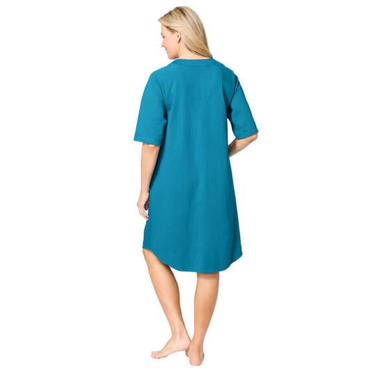 Flat-lay of Deep Teal Short Zip-Front Robe on neutral background