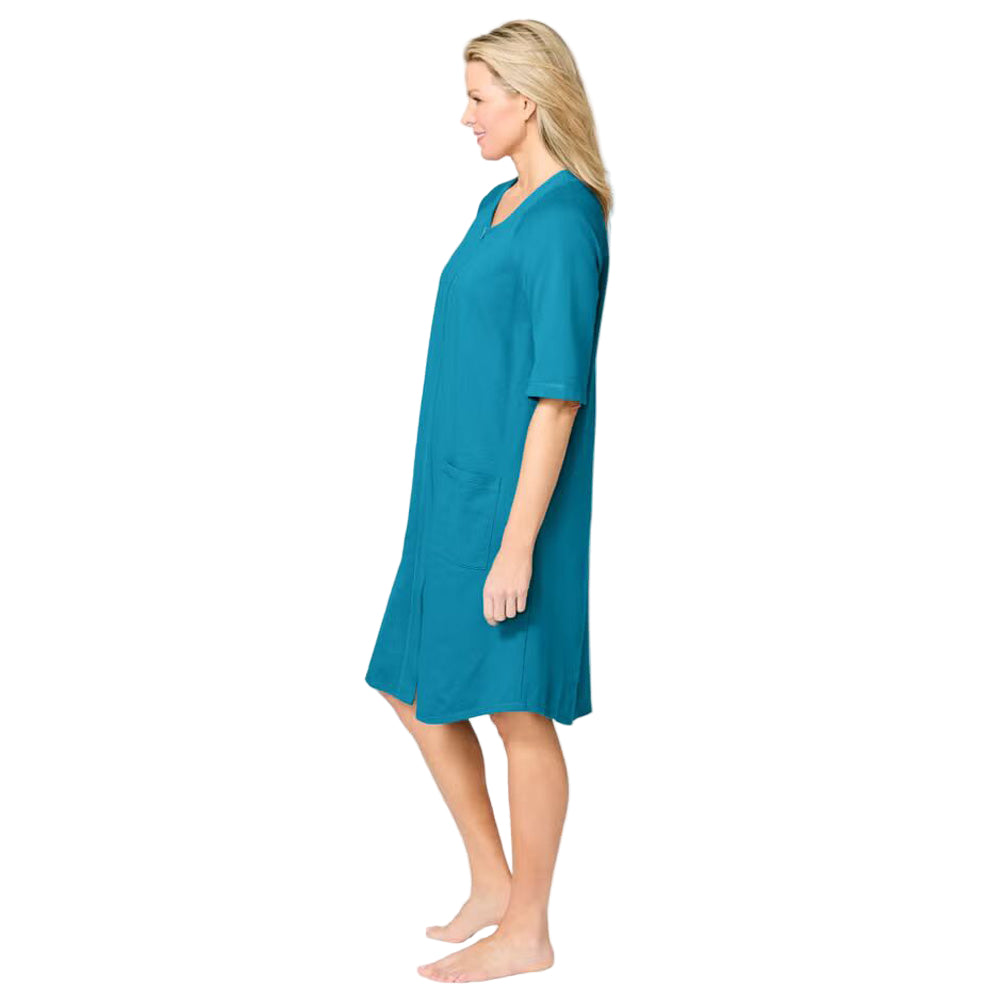 Flat-lay of Deep Teal Short Zip-Front Robe on neutral background