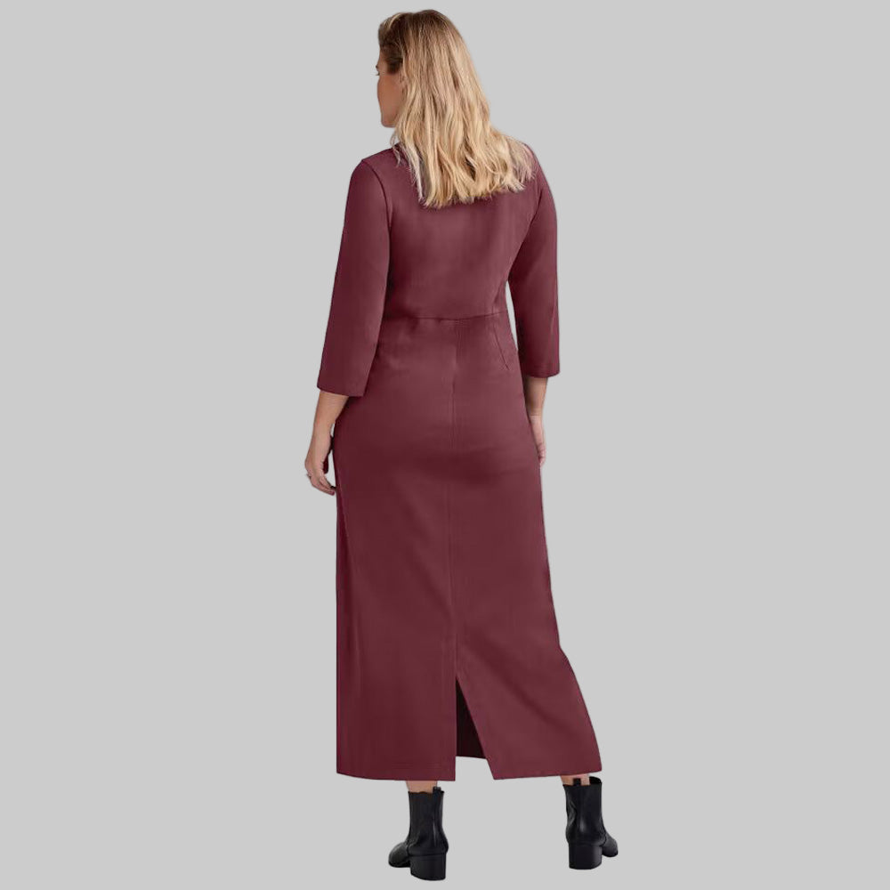 Plus-size model wearing Deep Wine Three-Quarter Sleeve Knit Maxi Dress