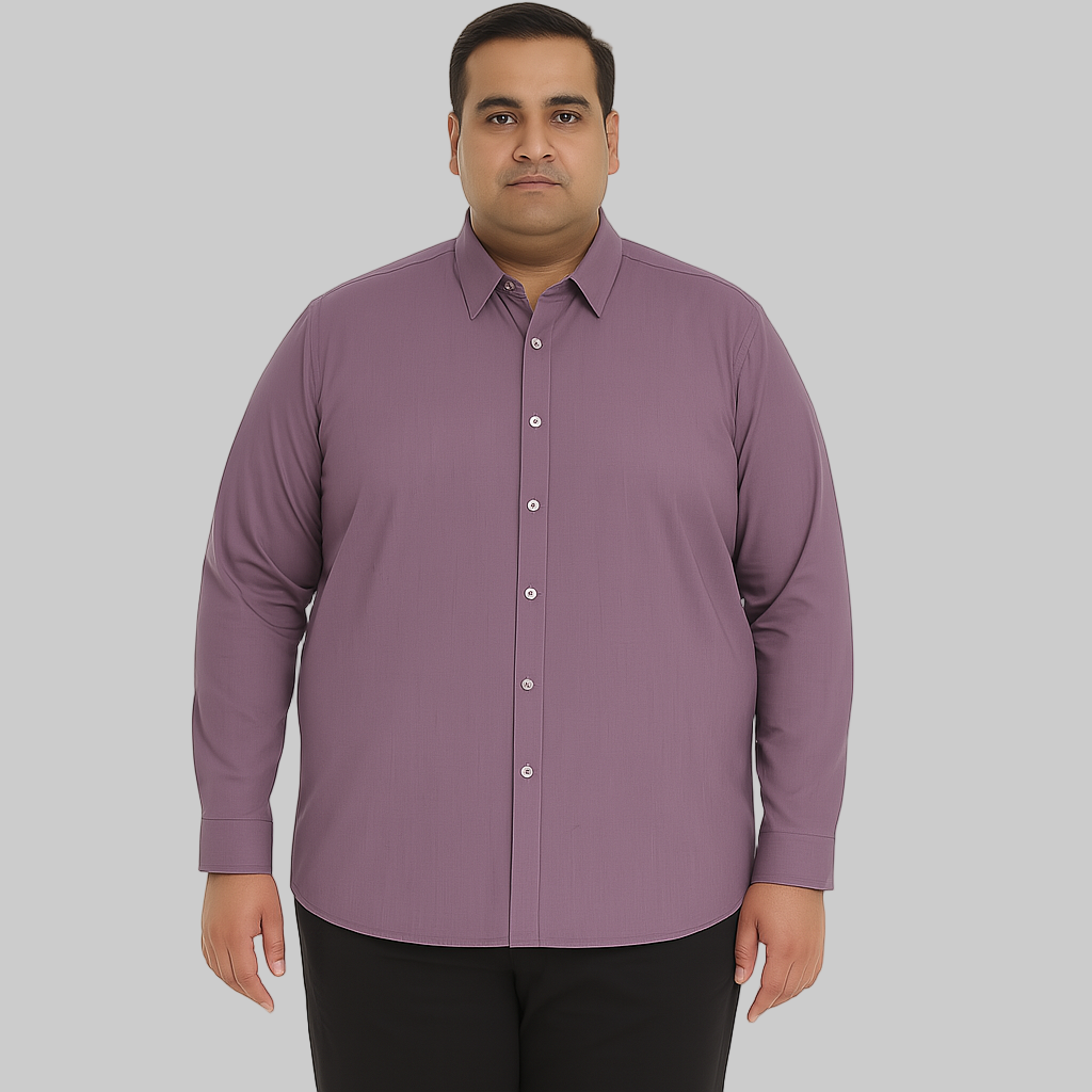 Plus-size Pakistani man wearing deep plum solid full-sleeve formal shirt