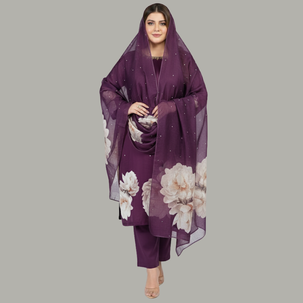 Plum Bloom 3-Piece Cotton Silk Suit PSW-10094