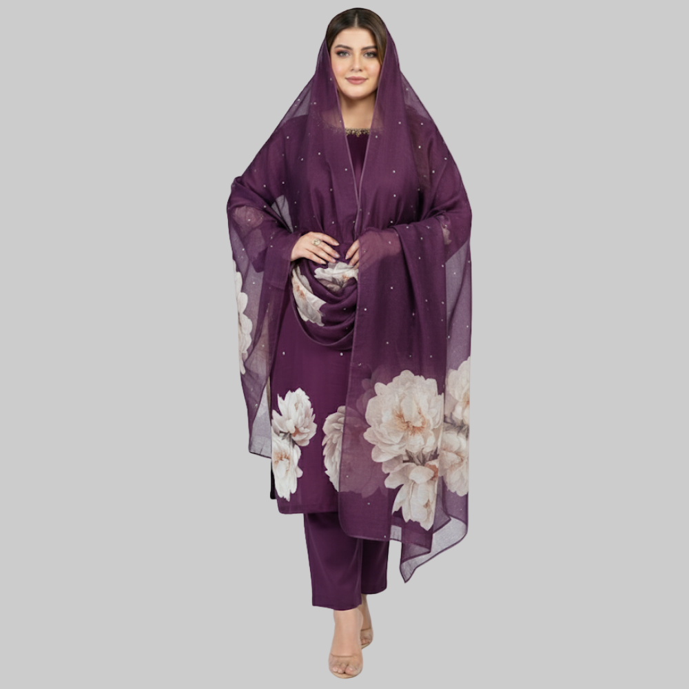 Plum Bloom 3-Piece Cotton Silk Suit PSW-10094