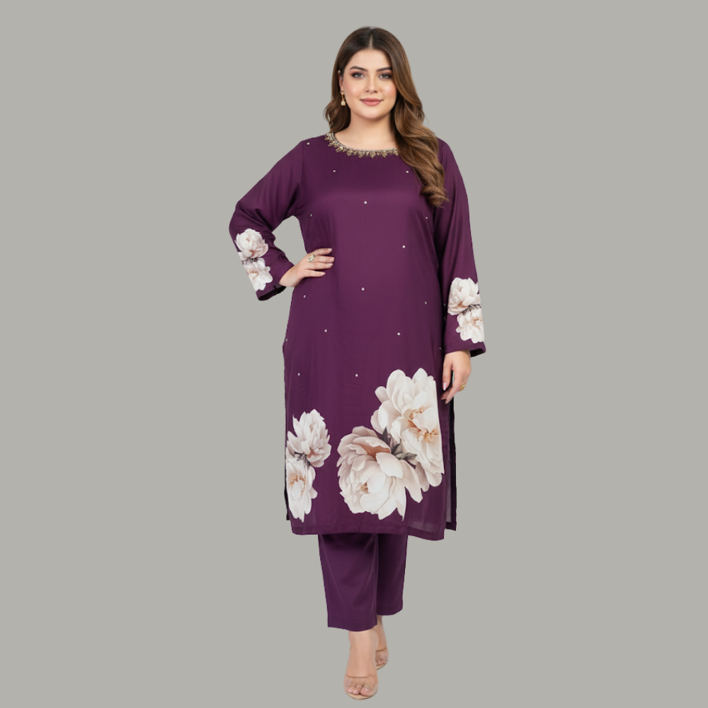 Plum Bloom 3-Piece Cotton Silk Suit PSW-10094