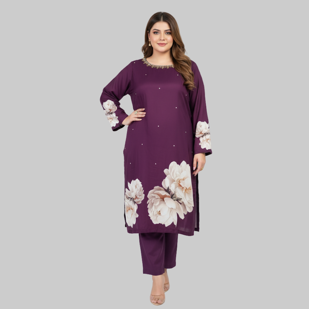 Plum Bloom 3-Piece Cotton Silk Suit PSW-10094