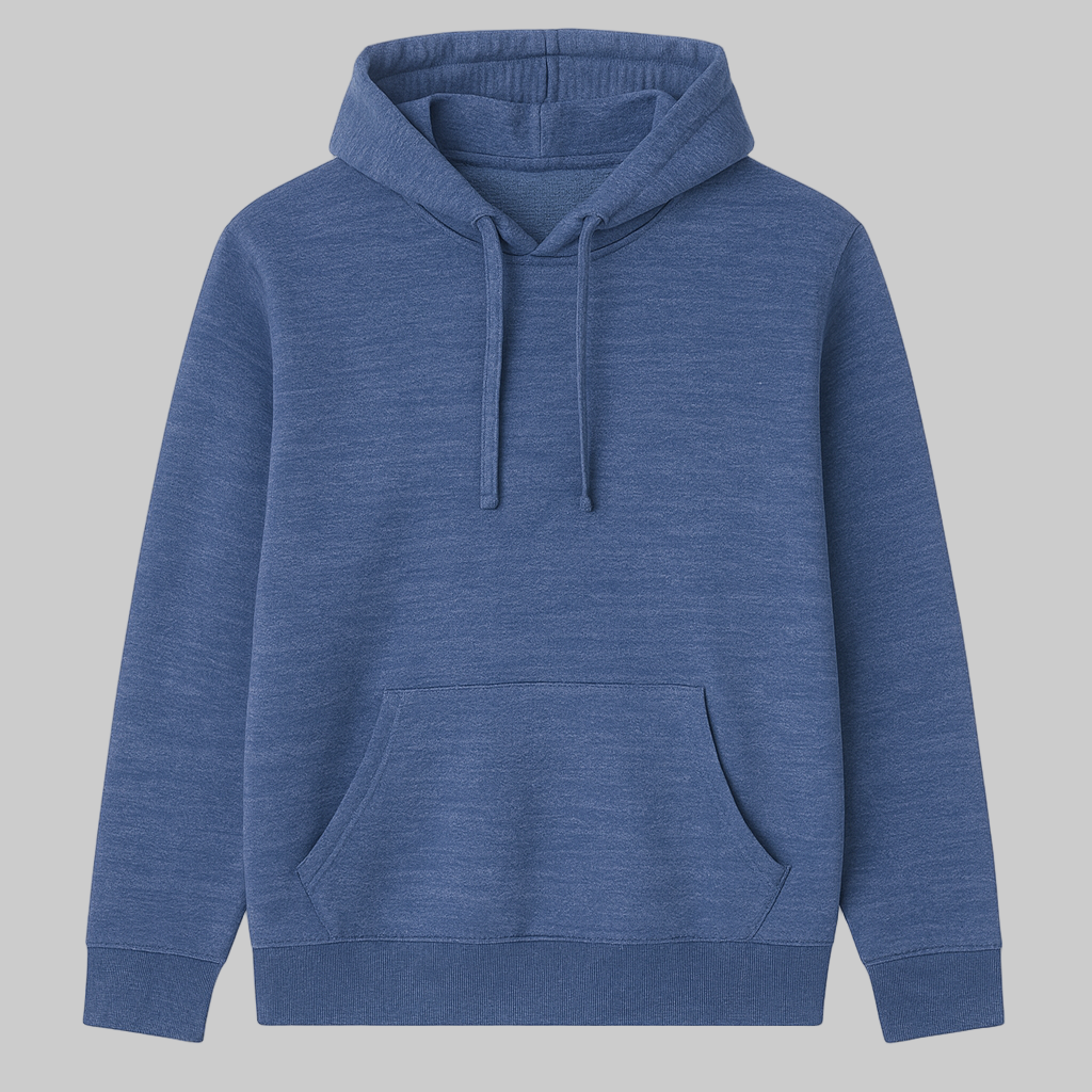 Denim blue men’s fleece pullover hoodie with drawstring hood, kangaroo pocket, and ribbed cuffs — soft and comfortable casual wear.