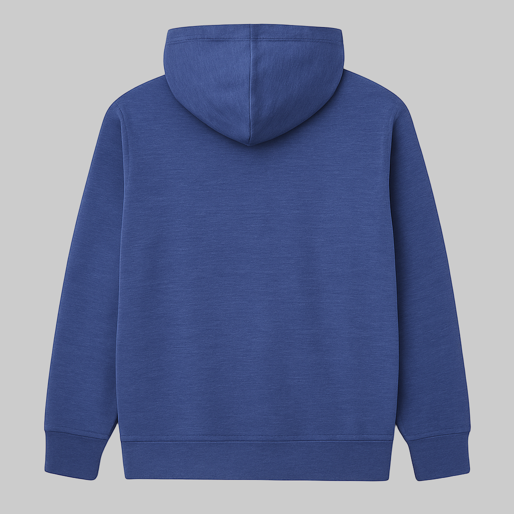 Denim blue men’s fleece pullover hoodie with drawstring hood, kangaroo pocket, and ribbed cuffs — soft and comfortable casual wear.