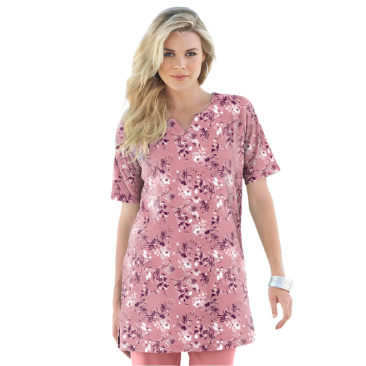 Plus-size Desert Rose Painterly Bouquet tunic with a notch neckline, featuring a soft knit fabric and relaxed fit,