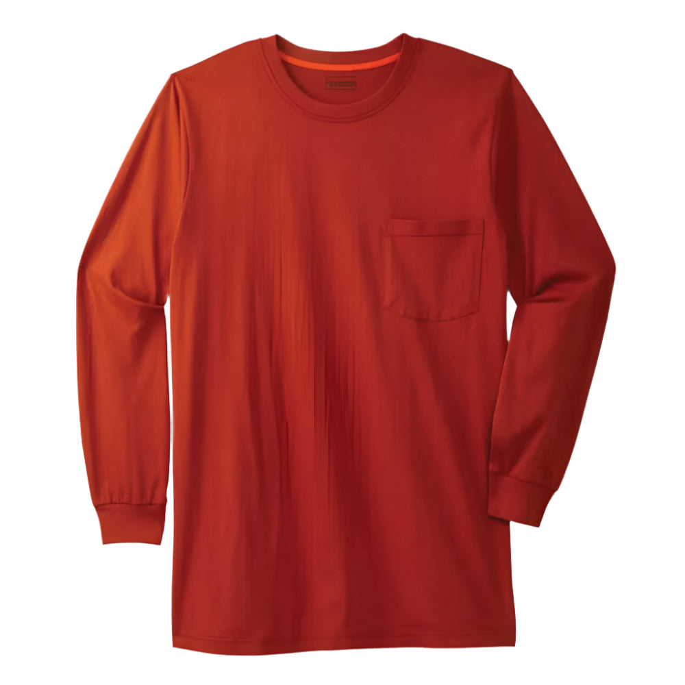 Desert red heavyweight long sleeve tee with chest pocket and crewneck — made from soft, durable cotton for big and tall men.