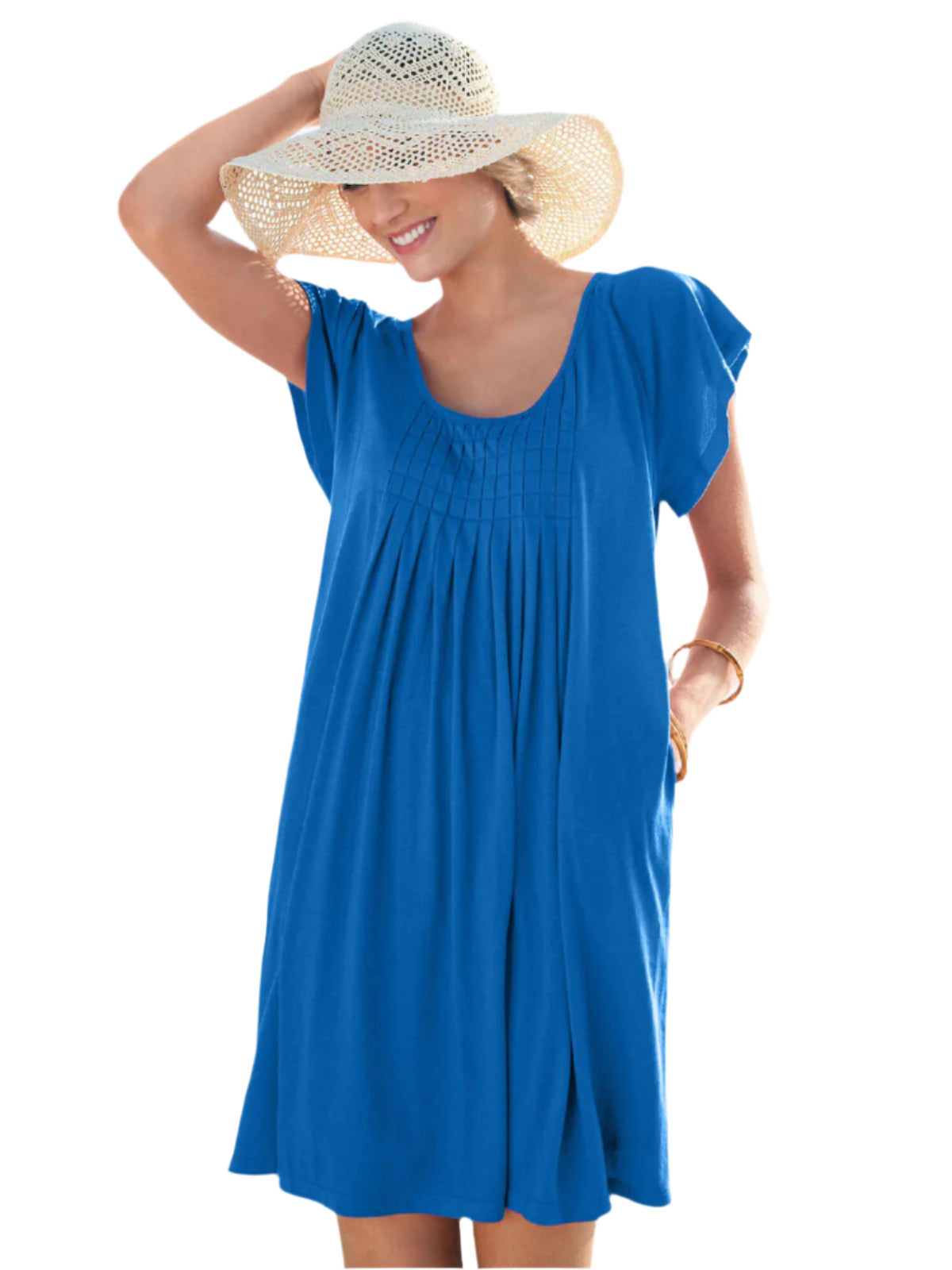 Plus-size beach cover-up with flutter sleeves, a scoop neckline, pleated front, side pockets, and a relaxed fit. Made from a breathable cotton/rayon blend.