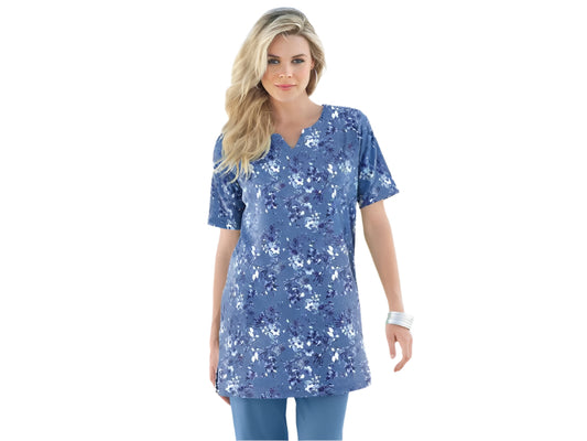 Dusty indigo floral bouquet print tunic with notch neckline and short sleeves