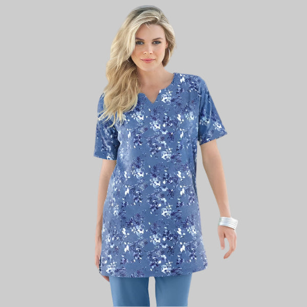 Dusty indigo floral bouquet print tunic with notch neckline and short sleeves